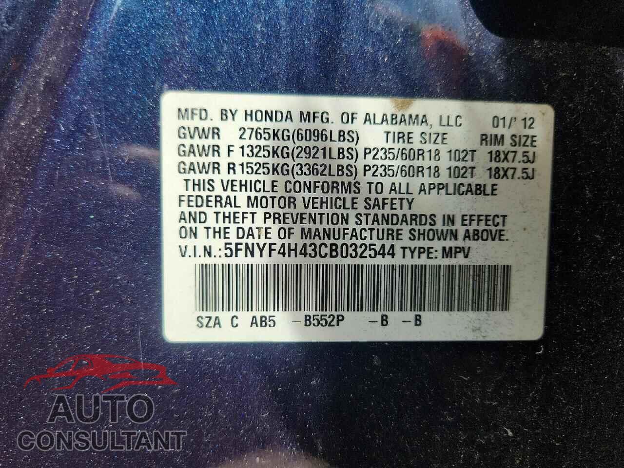 HONDA PILOT 2012 - 5FNYF4H43CB032544
