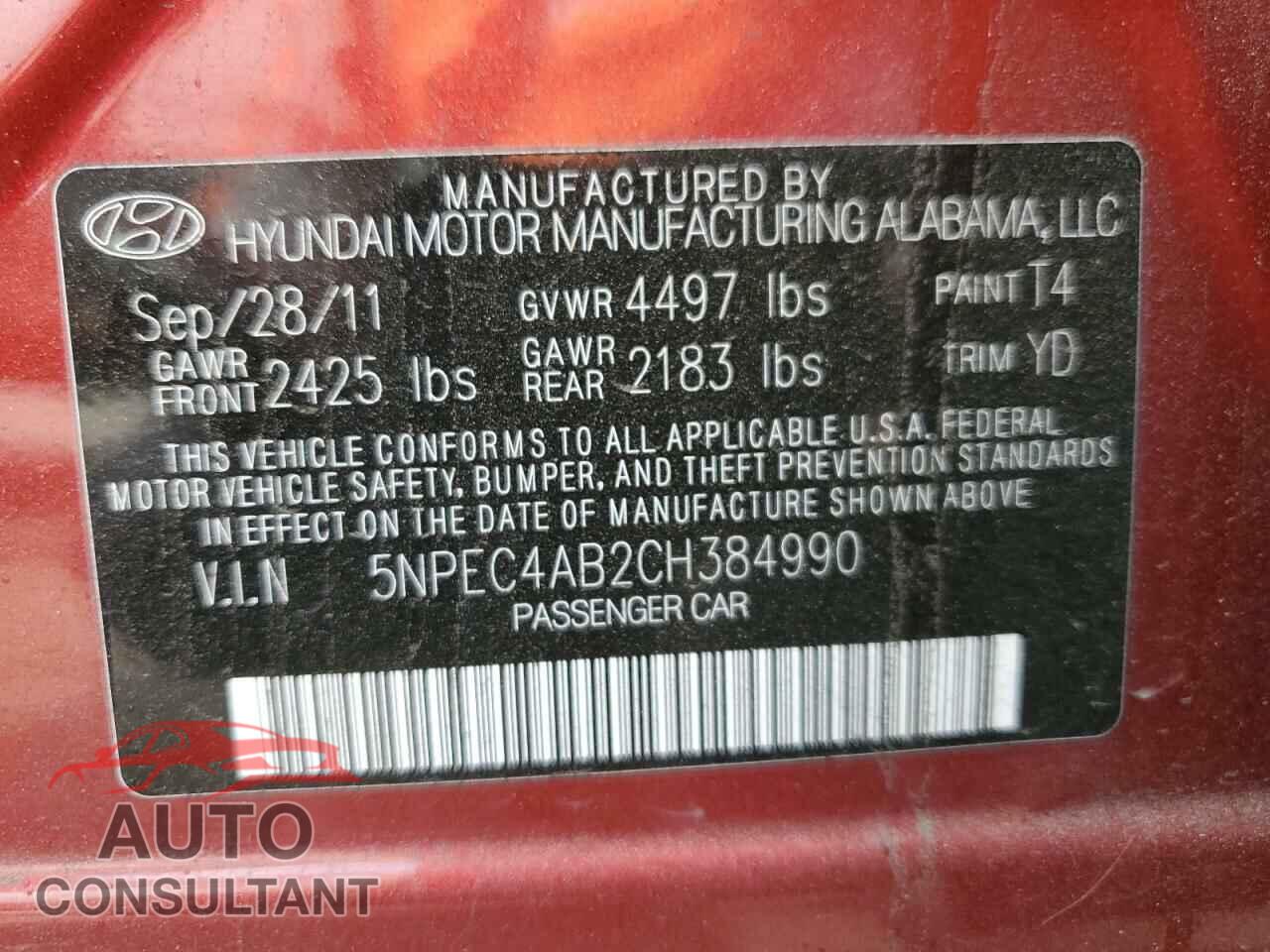 HYUNDAI SONATA 2012 - 5NPEC4AB2CH384990