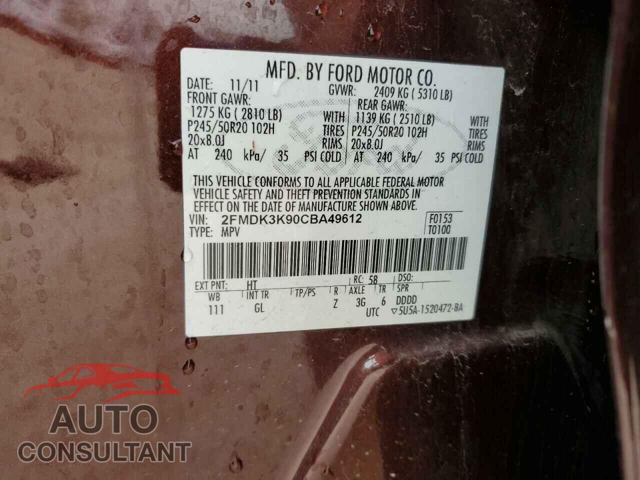 FORD EDGE 2012 - 2FMDK3K90CBA49612