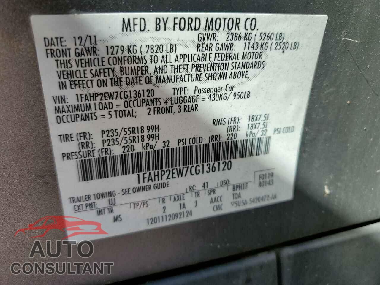 FORD TAURUS 2012 - 1FAHP2EW7CG136120