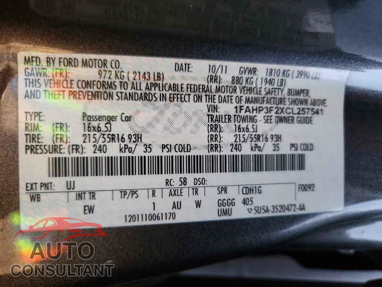 FORD FOCUS 2012 - 1FAHP3F2XCL257541