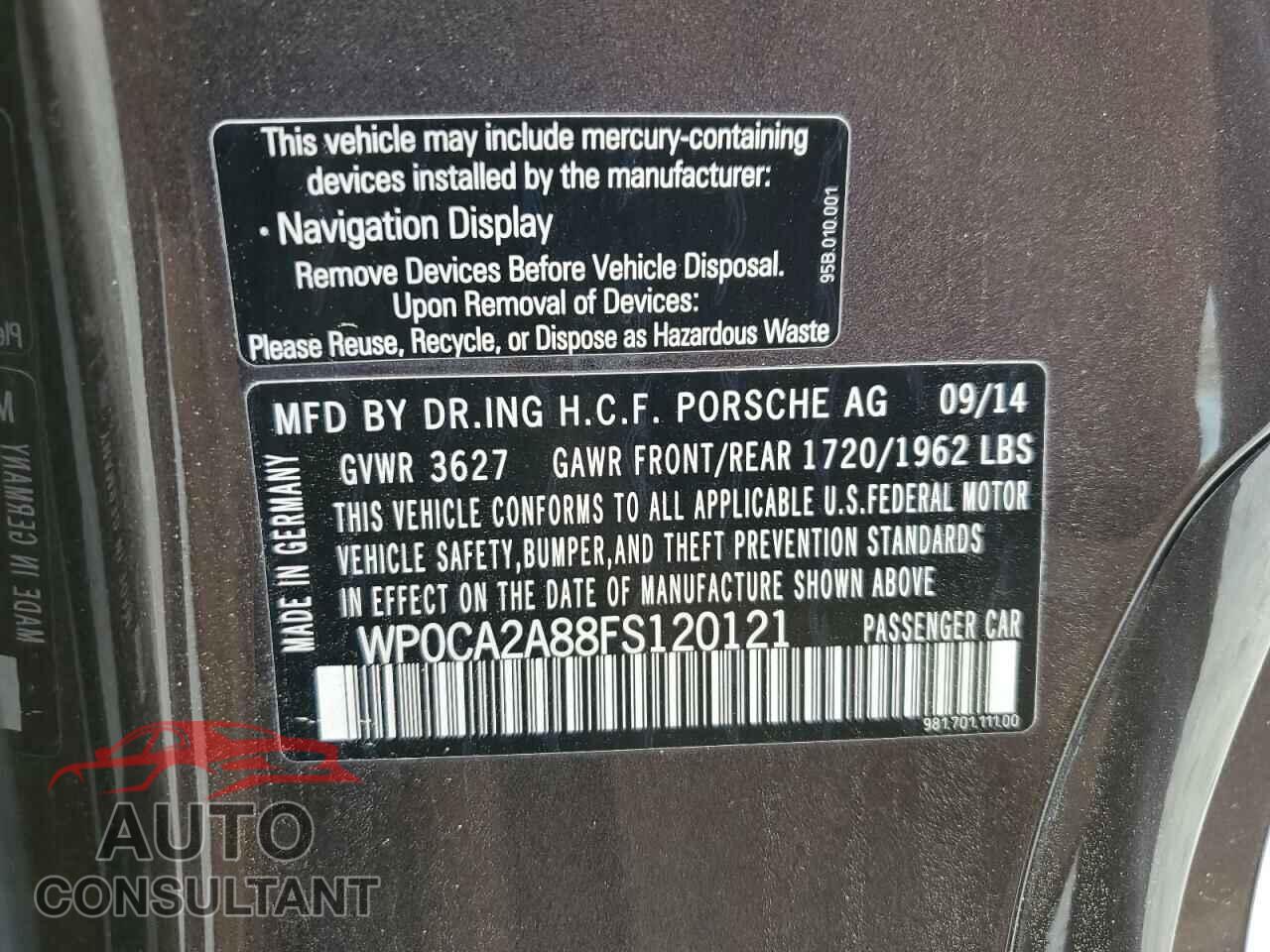 PORSCHE BOXSTER 2015 - WP0CA2A88FS120121