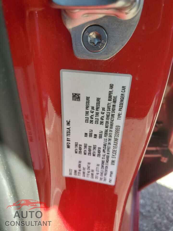 TESLA MODEL 3 2022 - 5YJ3E1EAXNF339959