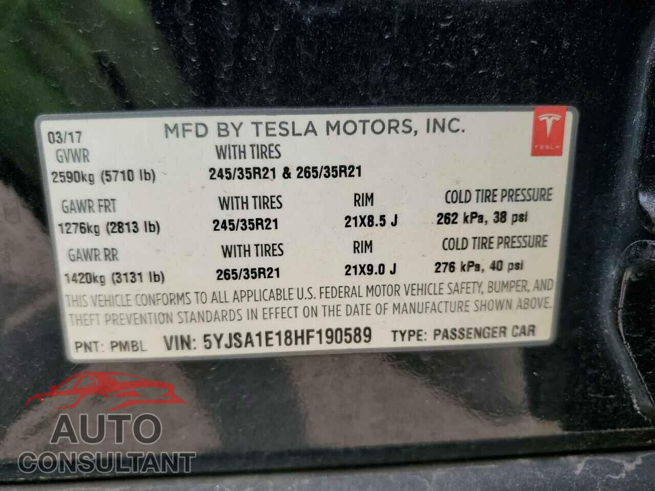 TESLA MODEL S 2017 - 5YJSA1E18HF190589