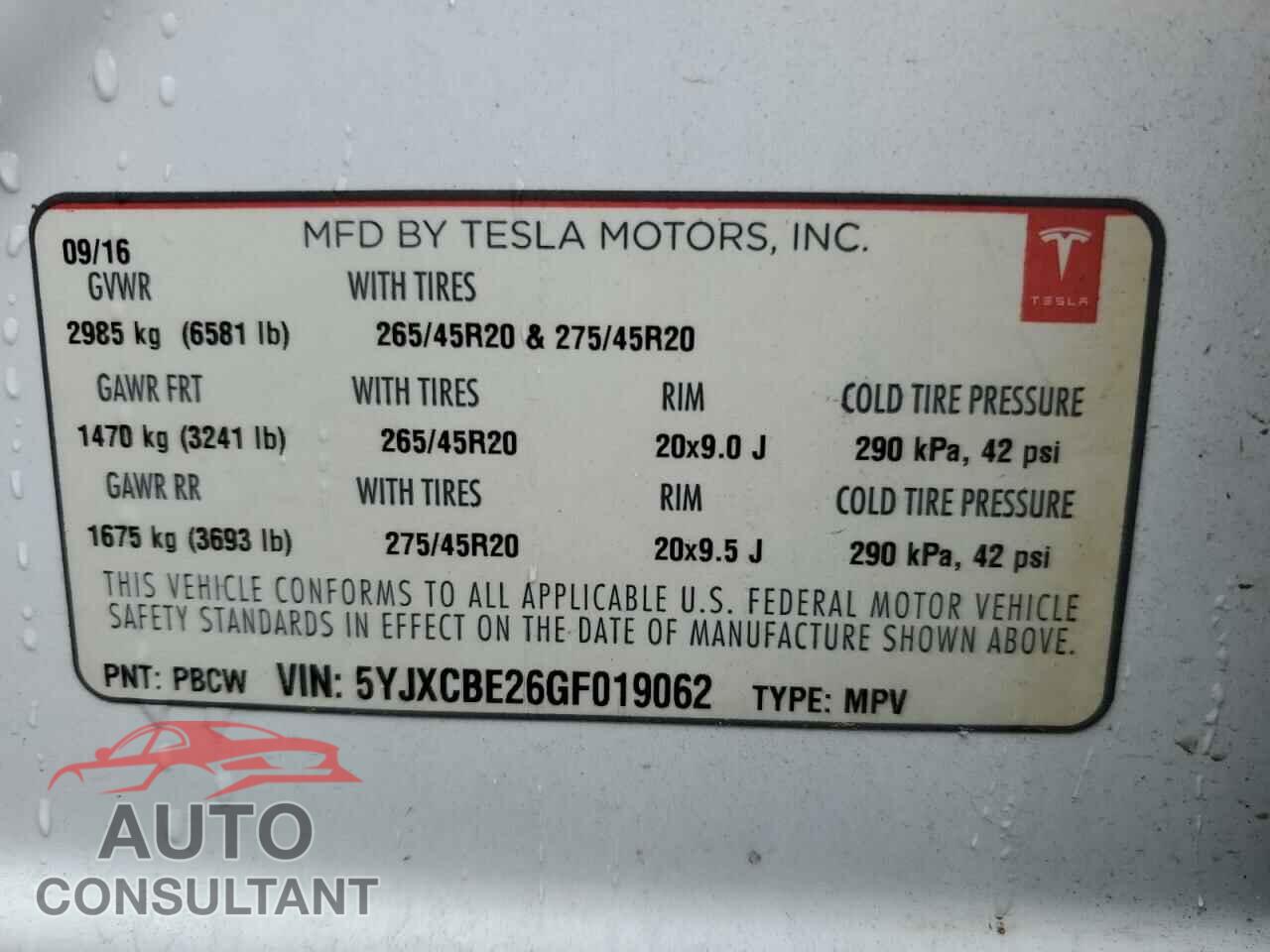 TESLA MODEL X 2016 - 5YJXCBE26GF019062