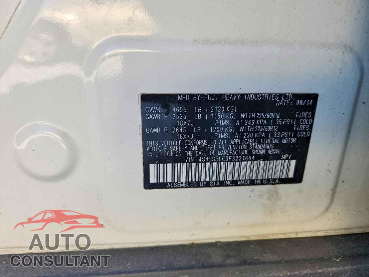 SUBARU OUTBACK 2015 - 4S4BSBLC3F3221664