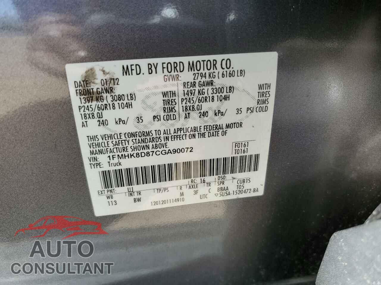 FORD EXPLORER 2012 - 1FMHK8D87CGA90072