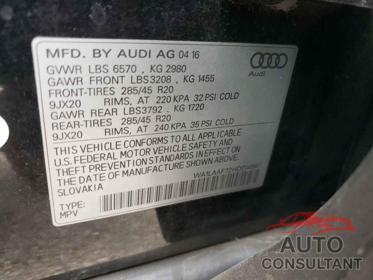 AUDI Q7 2017 - WA1LAAF72HD014940