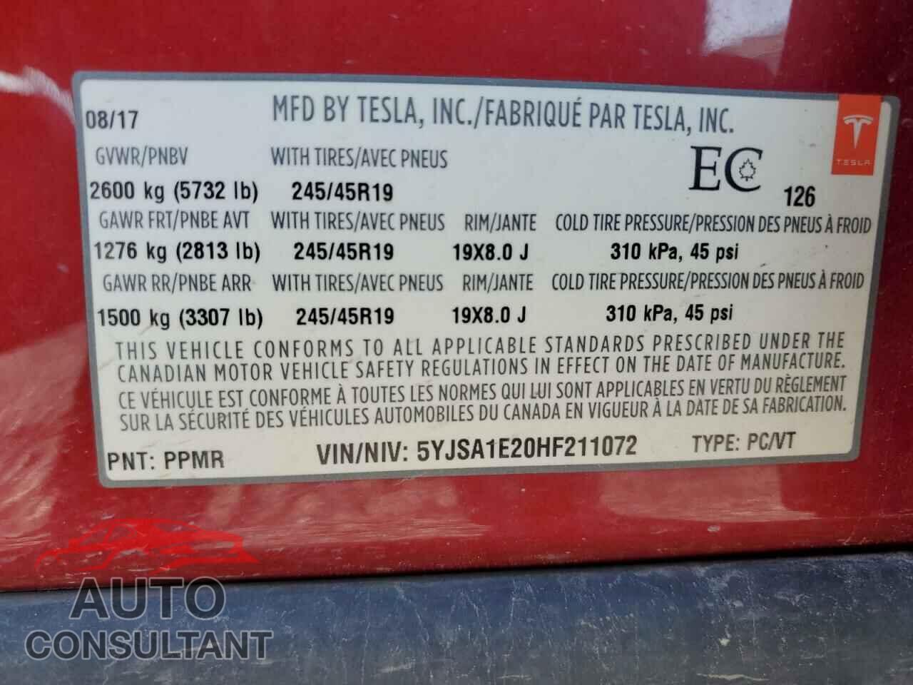 TESLA MODEL S 2017 - 5YJSA1E20HF211072