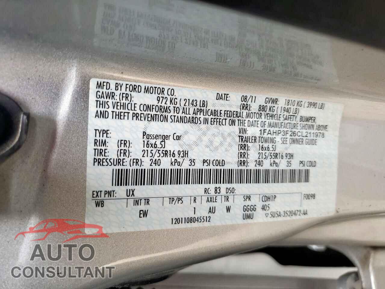 FORD FOCUS 2012 - 1FAHP3F26CL211978
