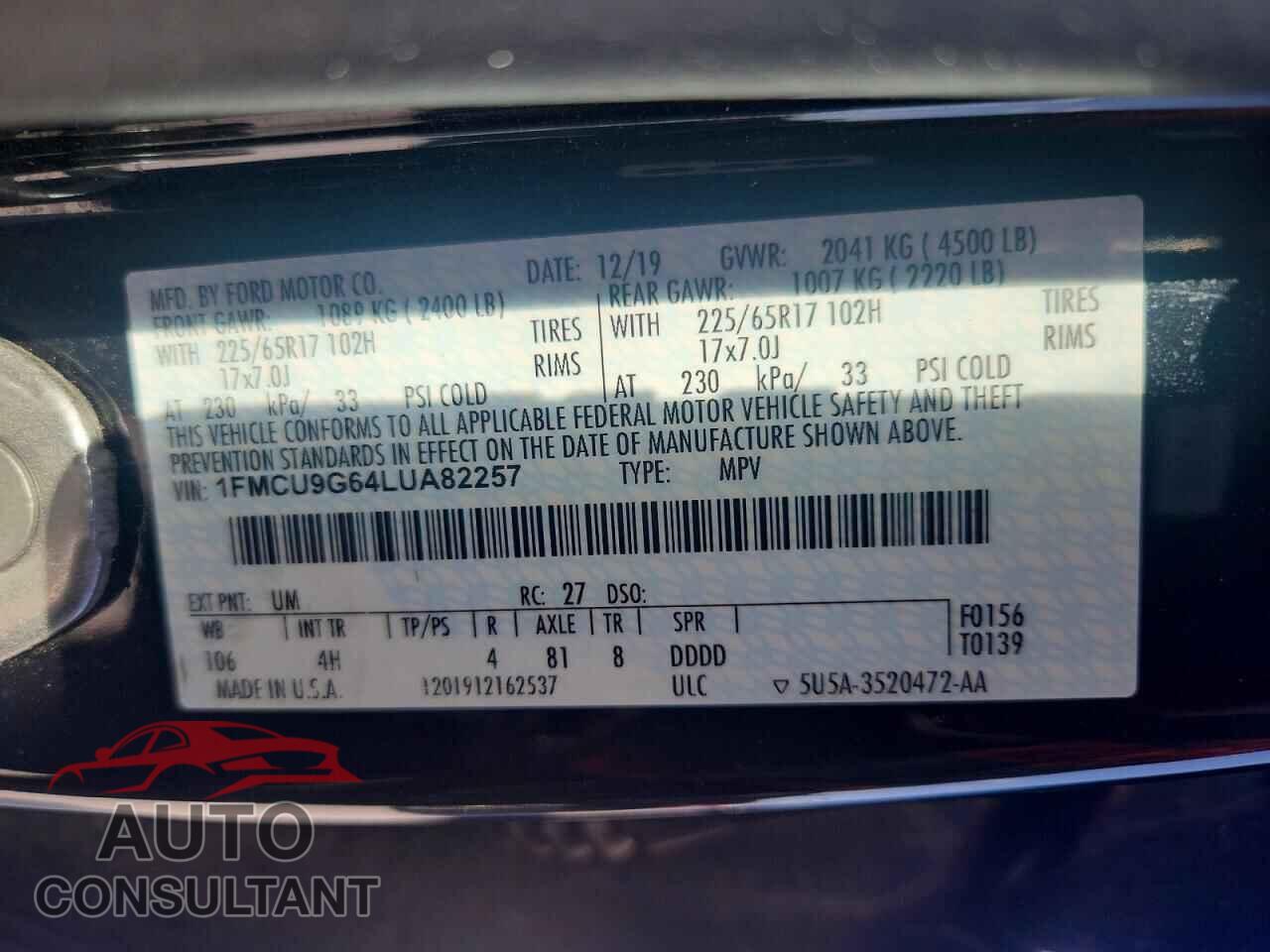 FORD ESCAPE 2020 - 1FMCU9G64LUA82257