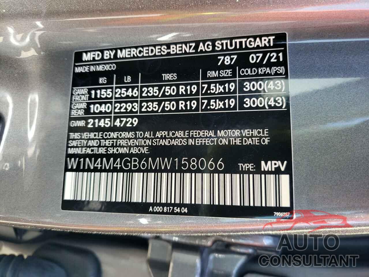 MERCEDES-BENZ GLB-CLASS 2021 - W1N4M4GB6MW158066
