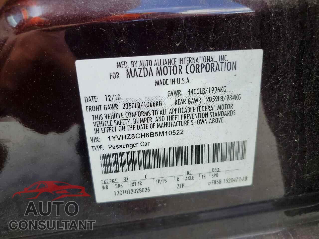 MAZDA 6 2011 - 1YVHZ8CH6B5M10522