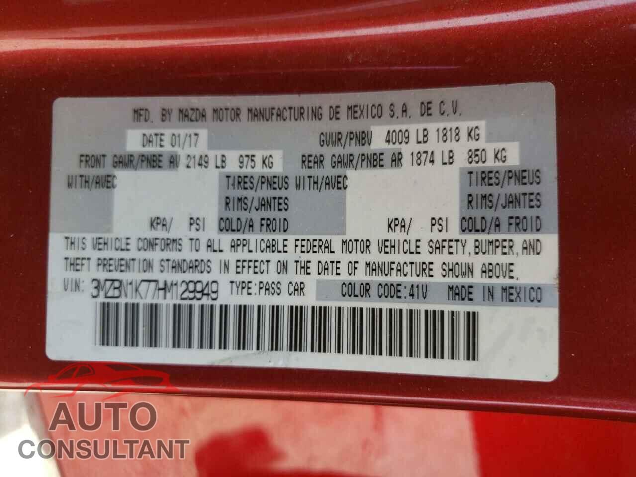 MAZDA 3 2017 - 3MZBN1K77HM129949