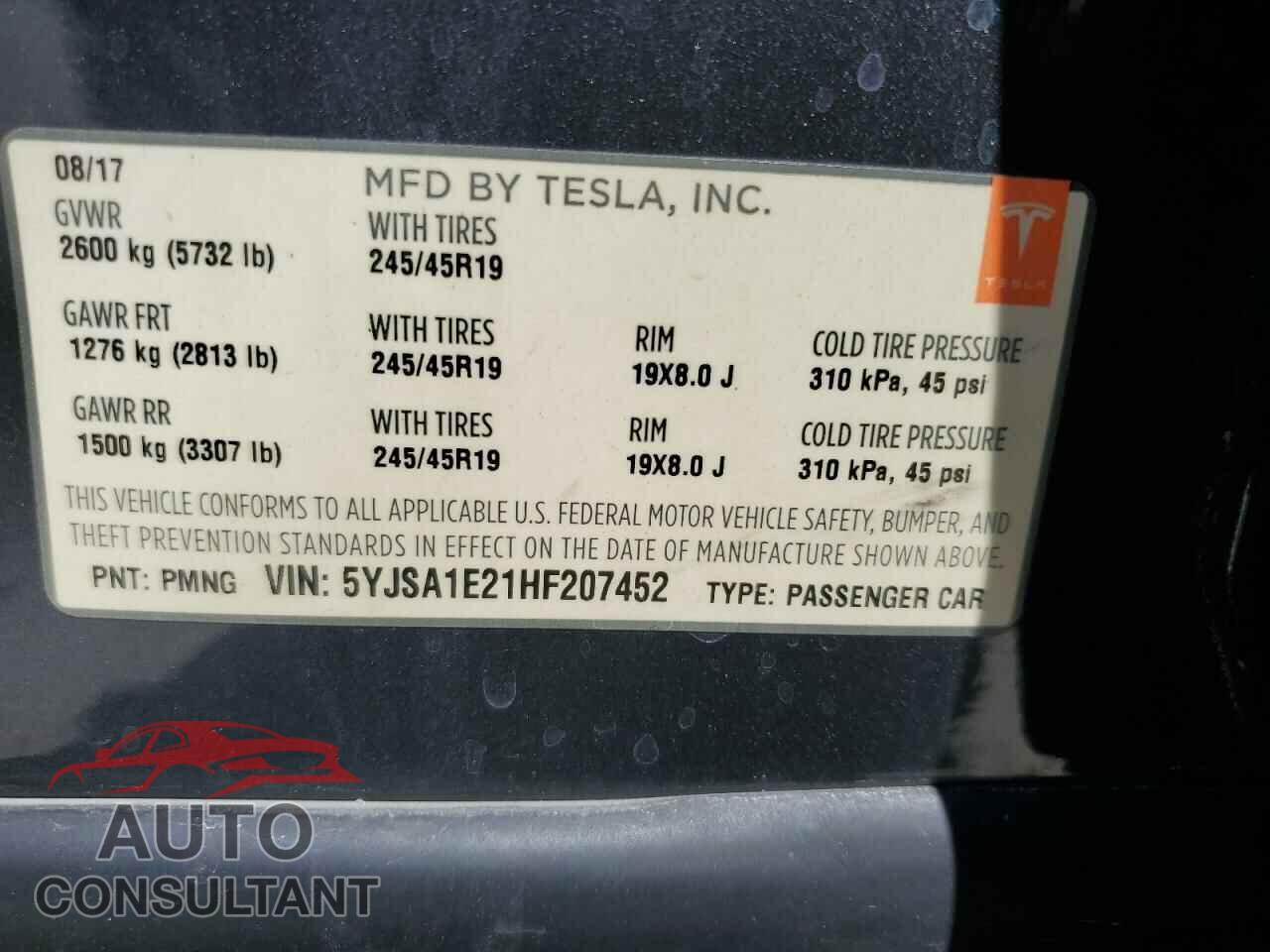 TESLA MODEL S 2017 - 5YJSA1E21HF207452