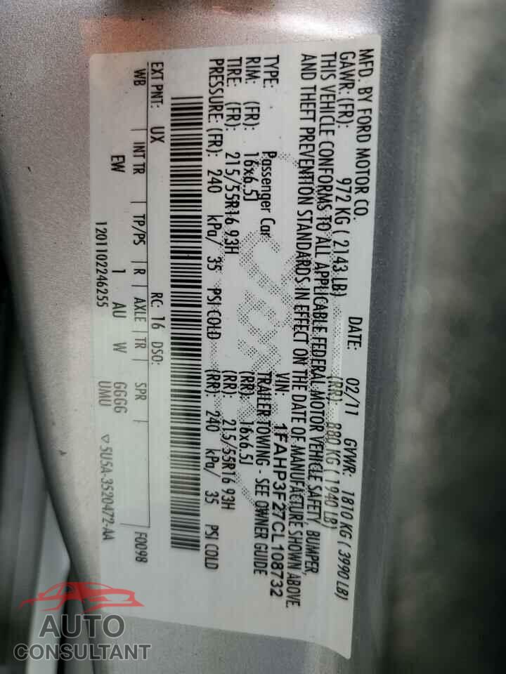 FORD FOCUS 2012 - 1FAHP3F27CL108732