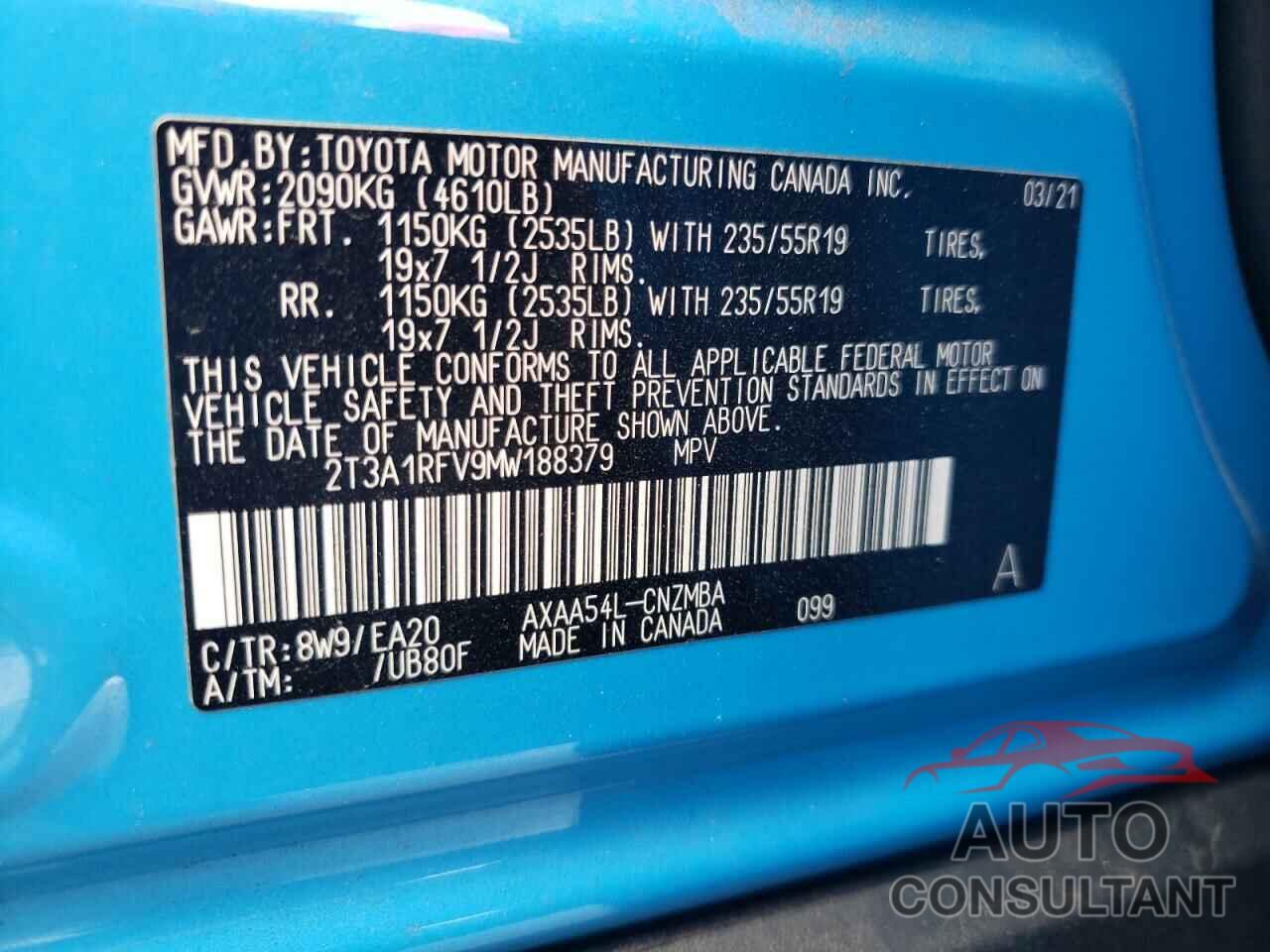 TOYOTA RAV4 2021 - 2T3A1RFV9MW188379