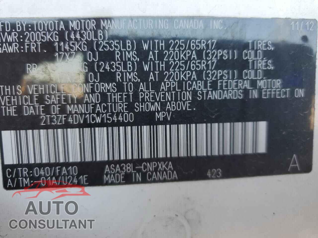 TOYOTA RAV4 2012 - 2T3ZF4DV1CW154400