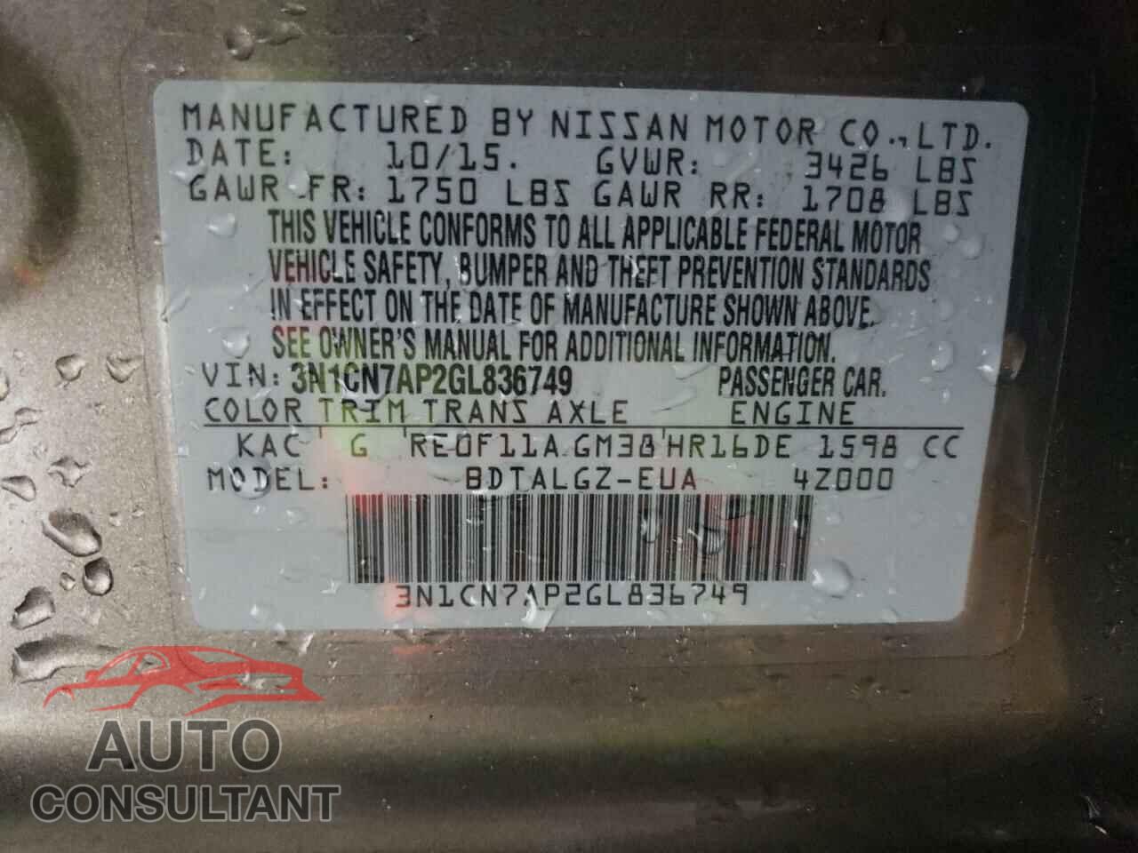 NISSAN VERSA 2016 - 3N1CN7AP2GL836749