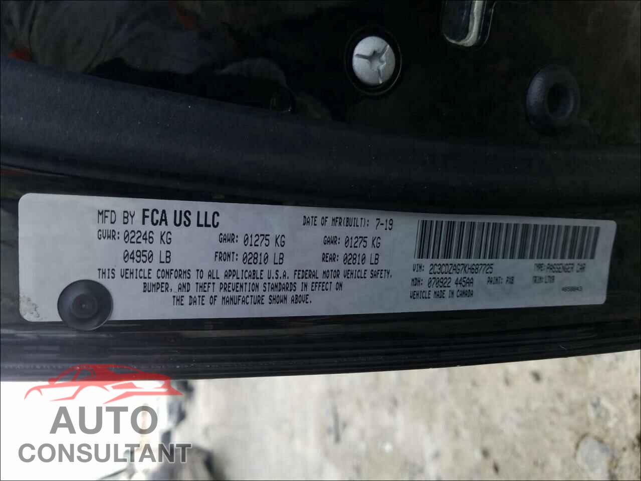 DODGE CHALLENGER 2019 - 2C3CDZAG7KH687725