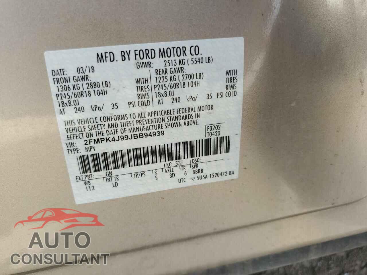 FORD EDGE 2018 - 2FMPK4J99JBB94939