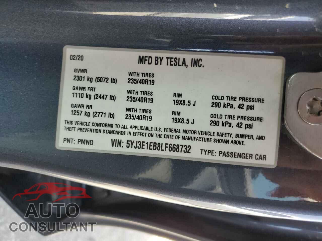 TESLA MODEL 3 2020 - 5YJ3E1EB8LF668732
