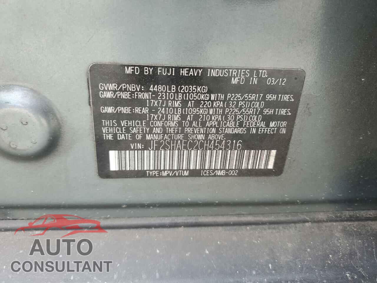 SUBARU FORESTER 2012 - JF2SHAEC2CH454316