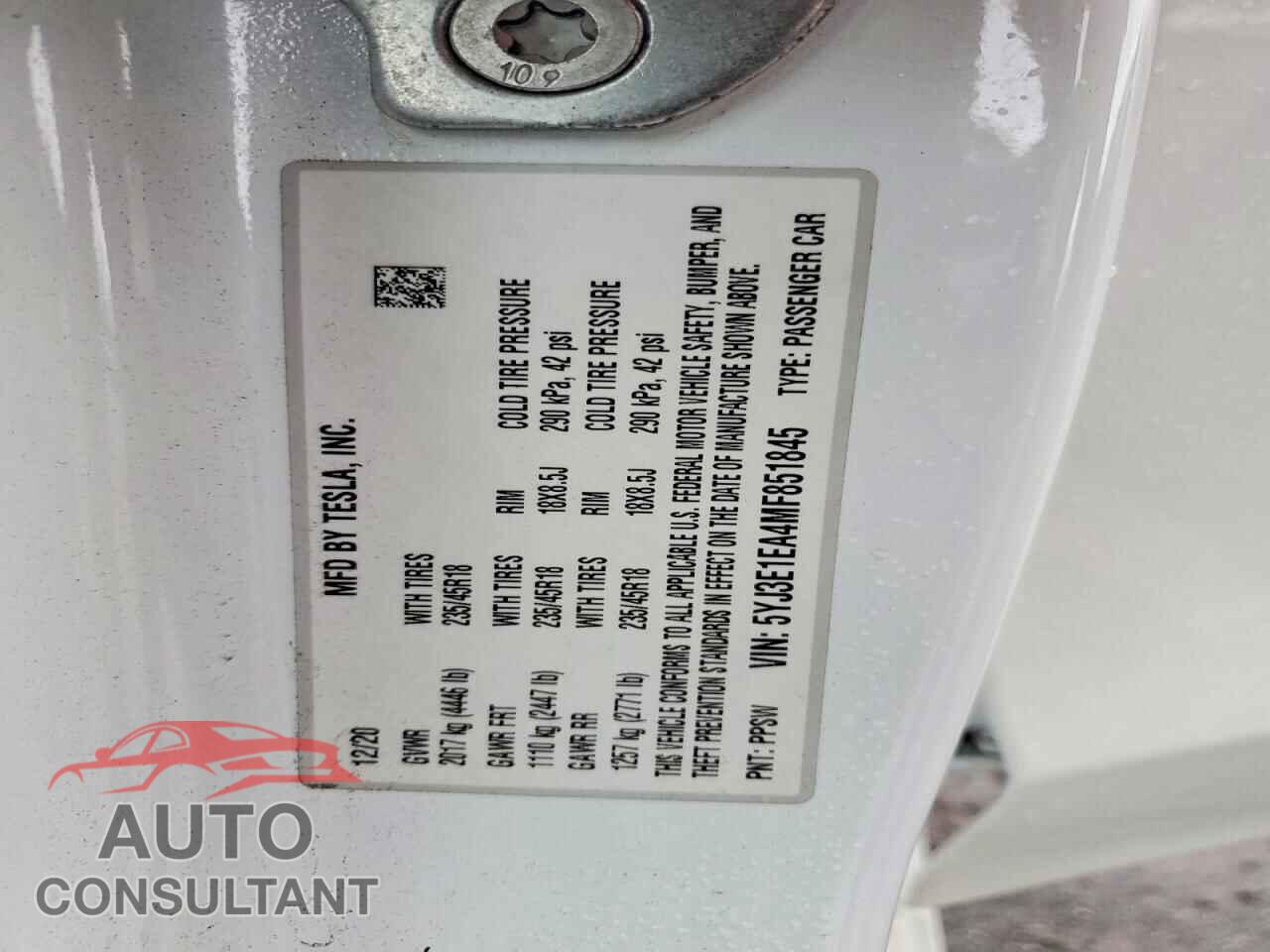 TESLA MODEL 3 2021 - 5YJ3E1EA4MF851845