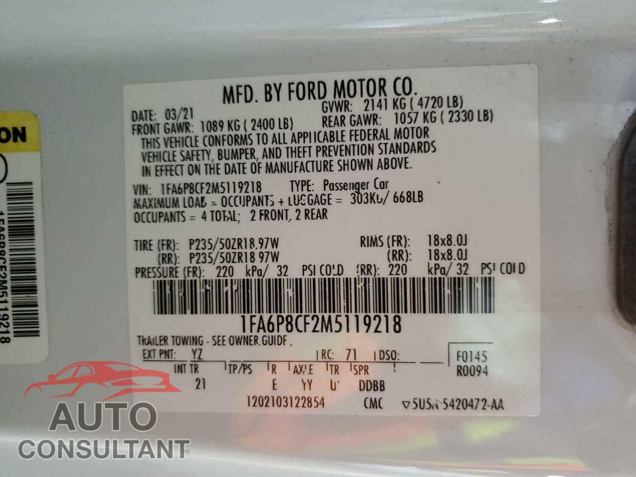 FORD MUSTANG 2021 - 1FA6P8CF2M5119218