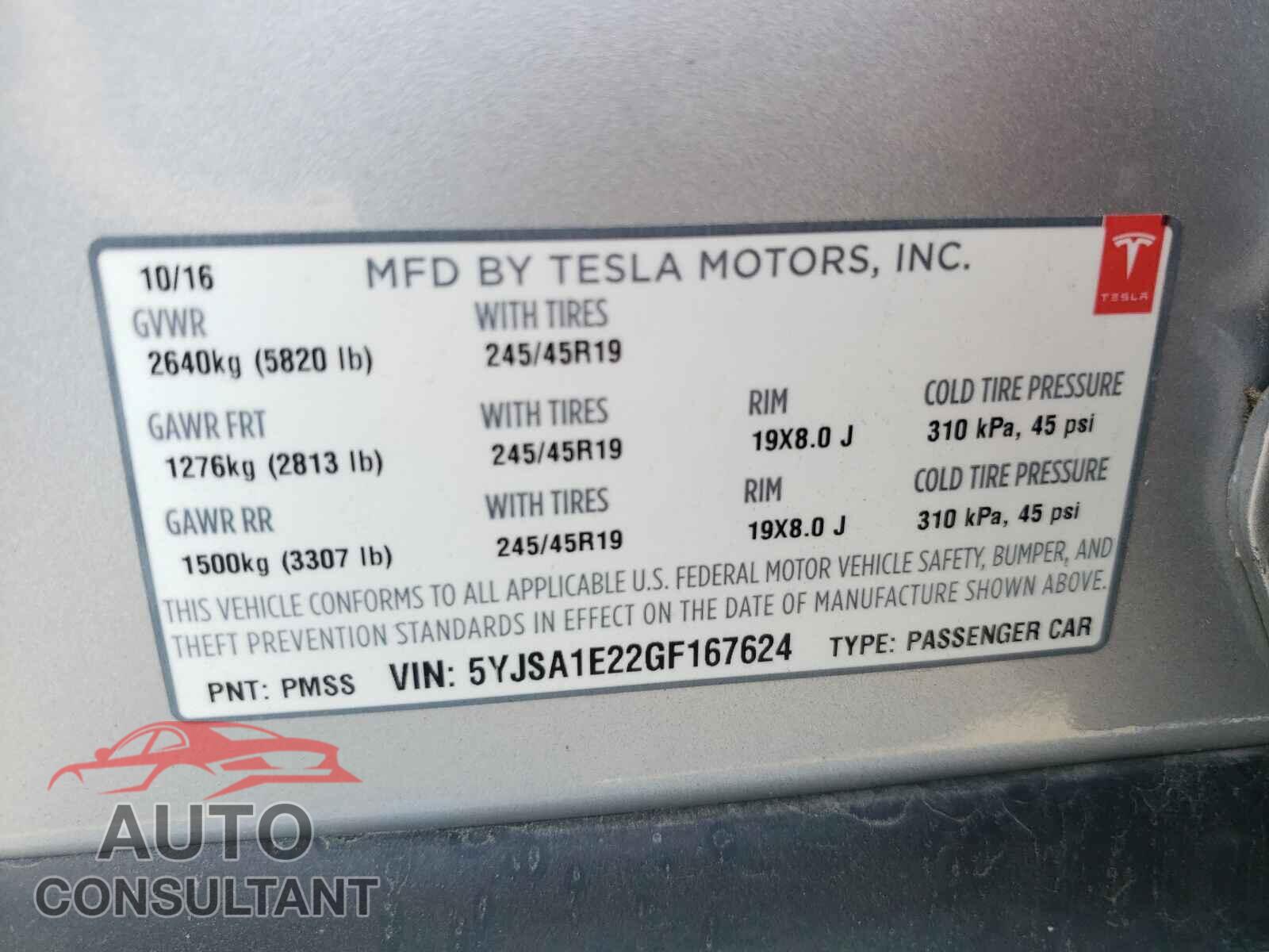 TESLA MODEL S 2016 - 5YJSA1E22GF167624