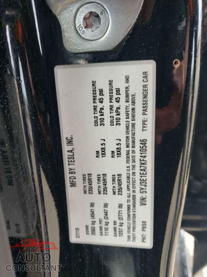 TESLA MODEL 3 2019 - 5YJ3E1EA7KF410546