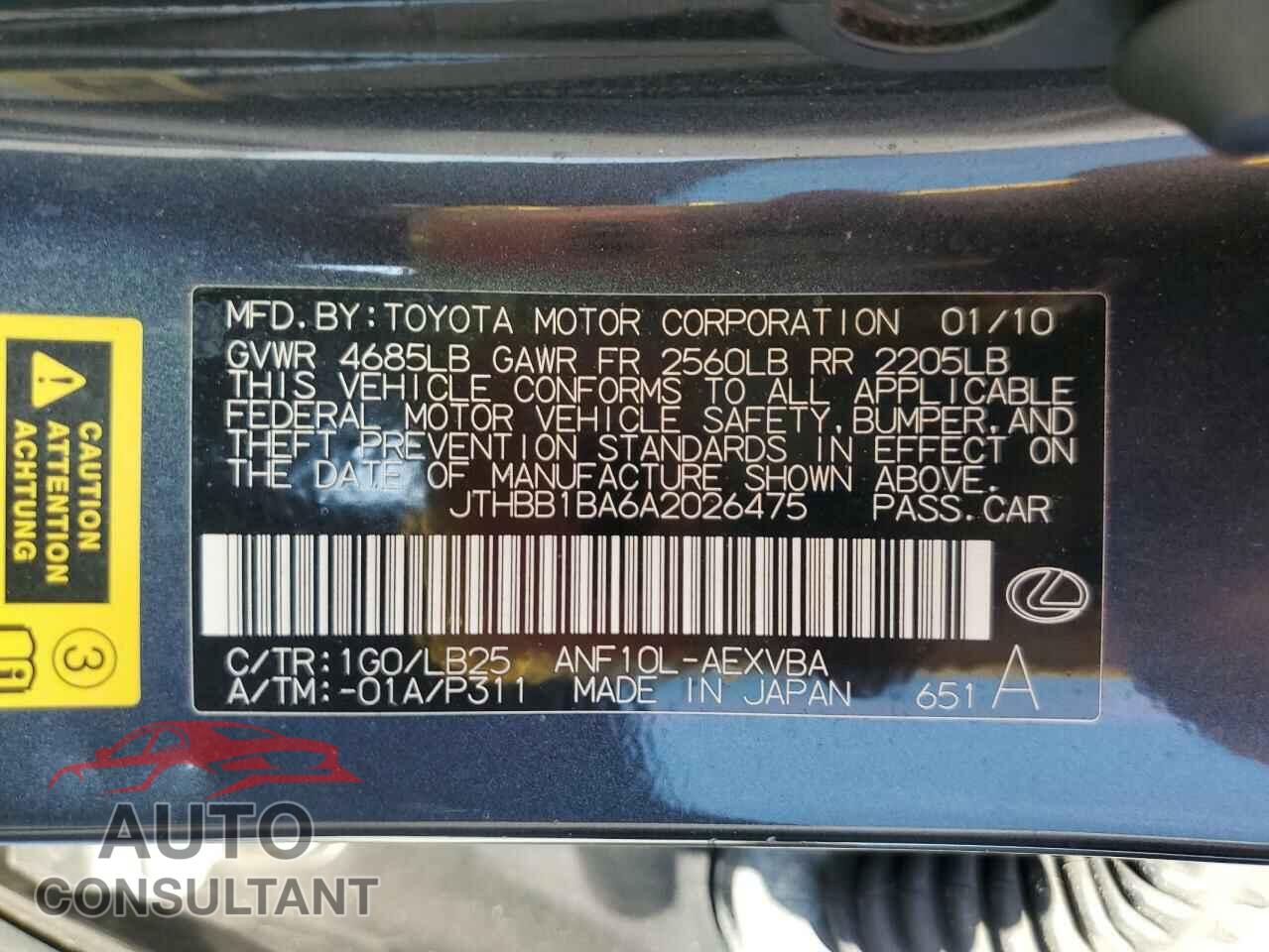 LEXUS HS 2010 - JTHBB1BA6A2026475
