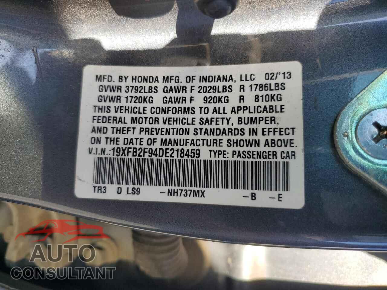HONDA CIVIC 2013 - 19XFB2F94DE218459