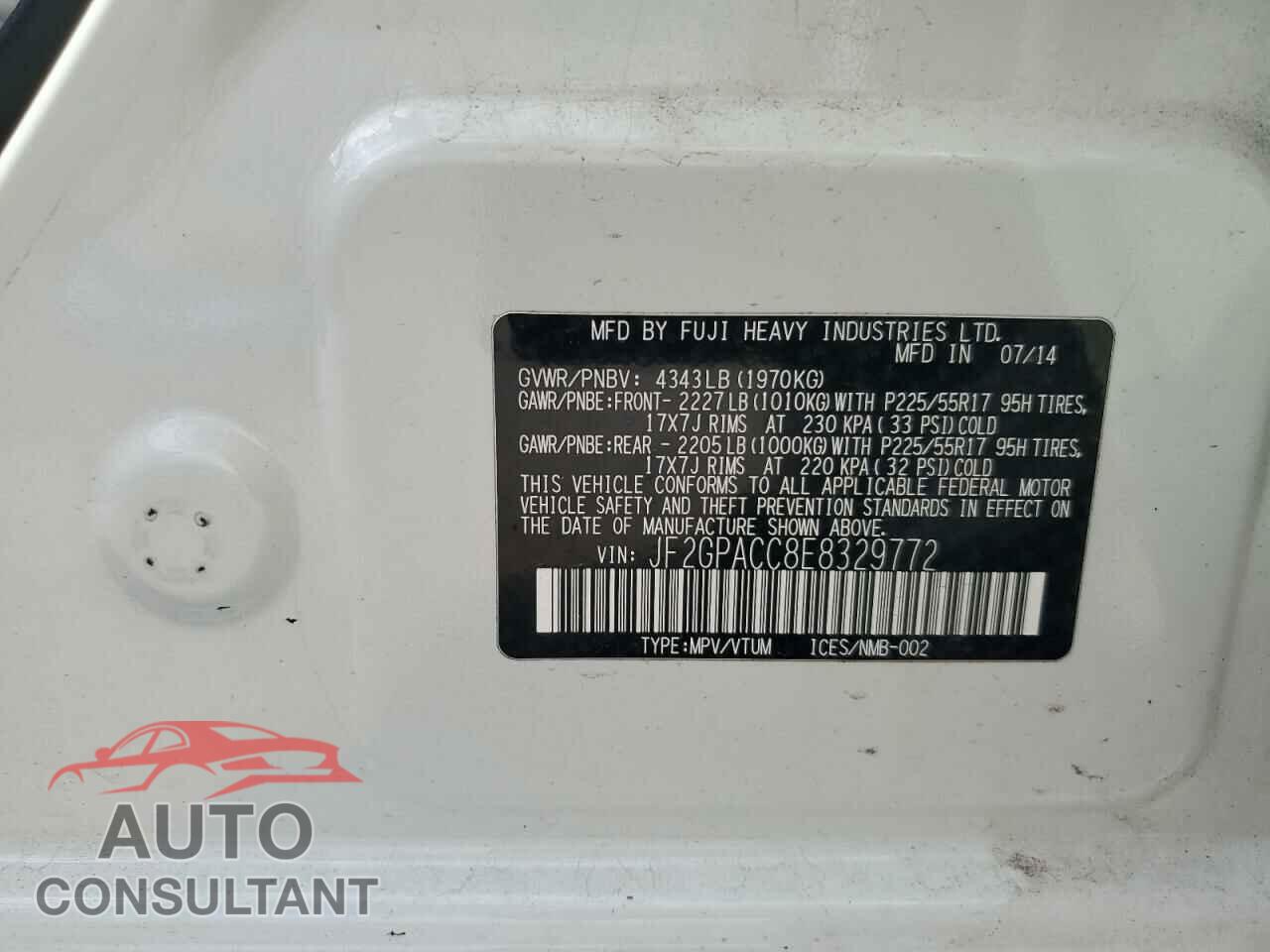 SUBARU XV 2014 - JF2GPACC8E8329772