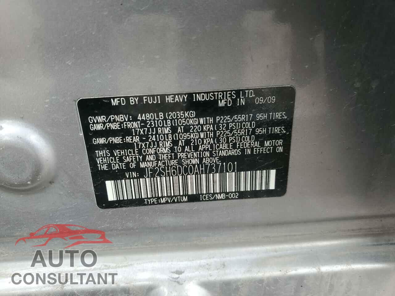 SUBARU FORESTER 2010 - JF2SH6DC0AH737101