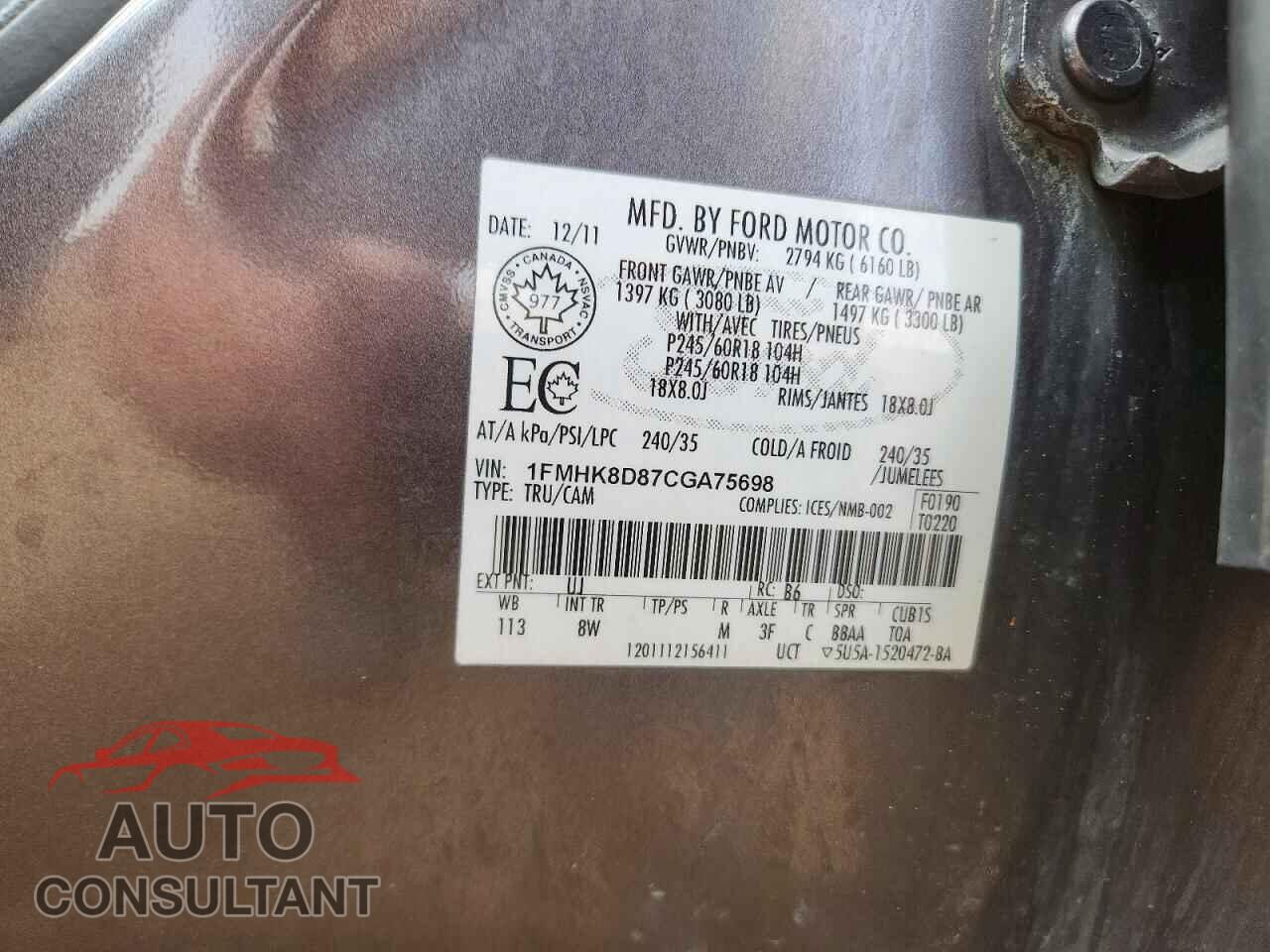 FORD EXPLORER 2012 - 1FMHK8D87CGA75698