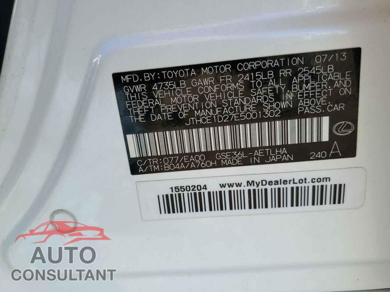 LEXUS IS 2014 - JTHCE1D27E5001302