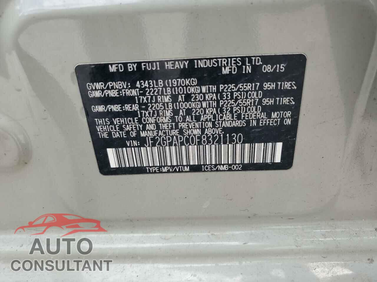 SUBARU XV 2015 - JF2GPAPC0F8321130