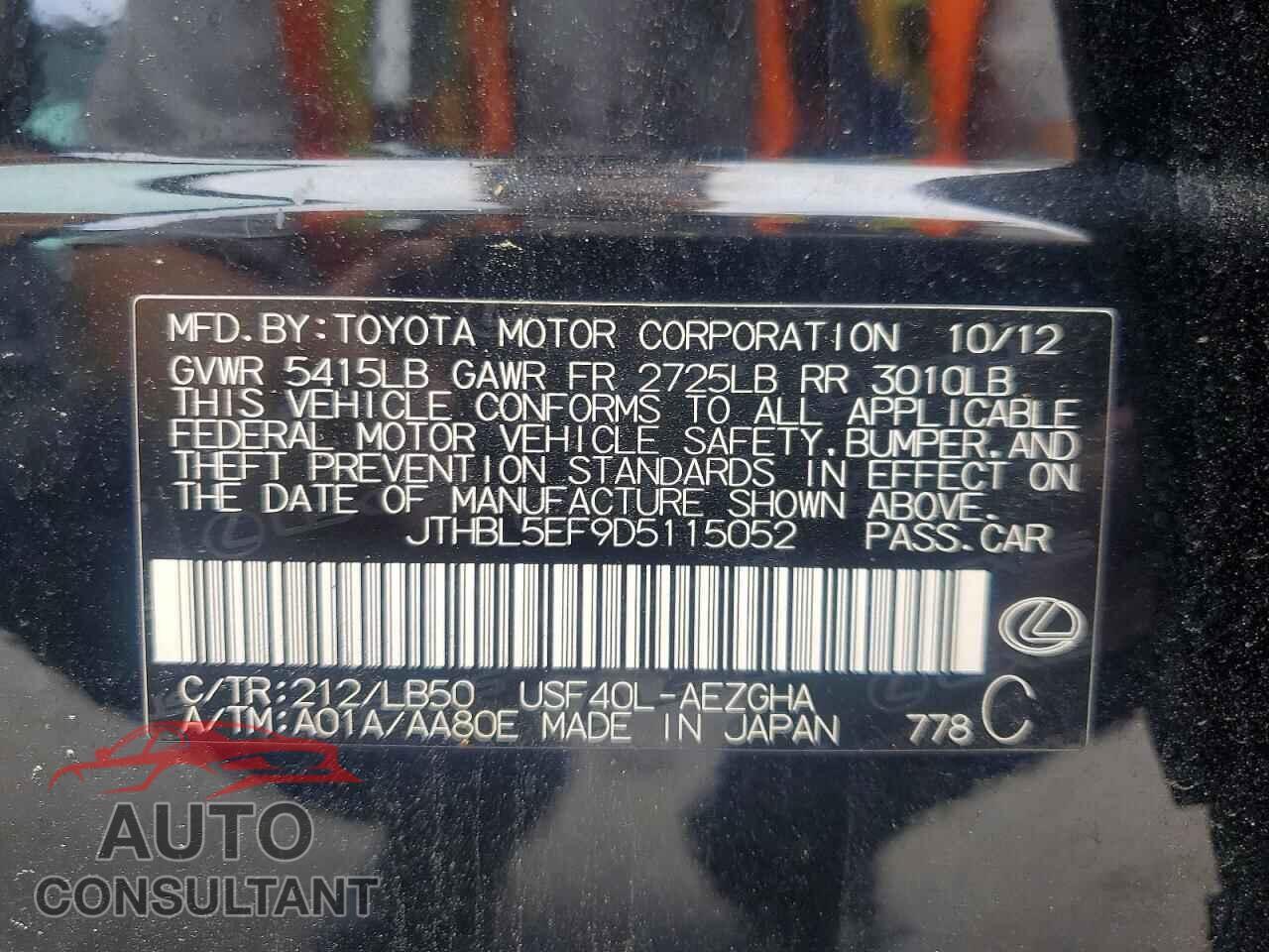 LEXUS LS460 2013 - JTHBL5EF9D5115052