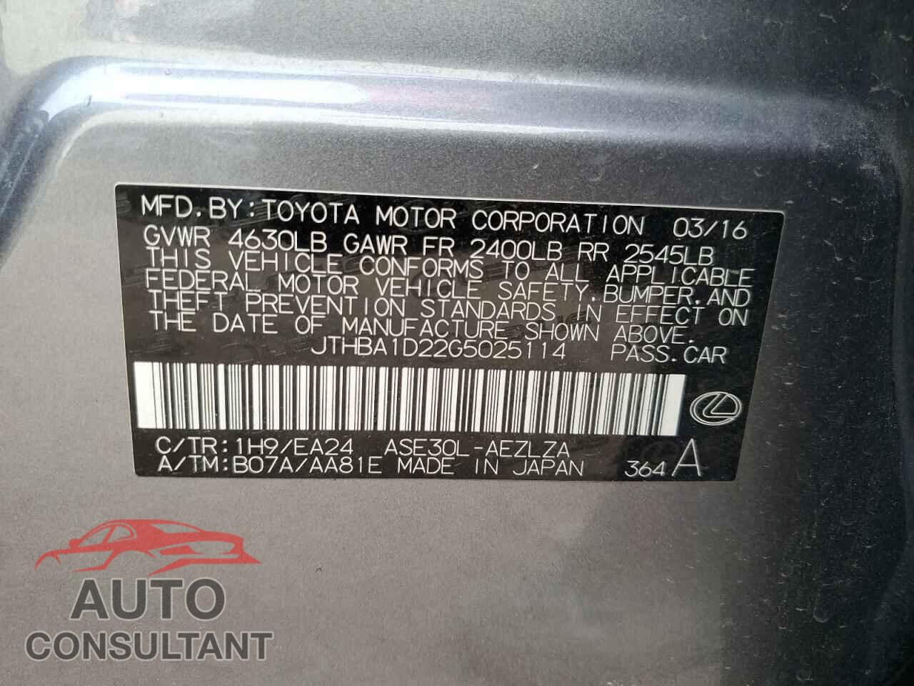 LEXUS IS 2016 - JTHBA1D22G5025114