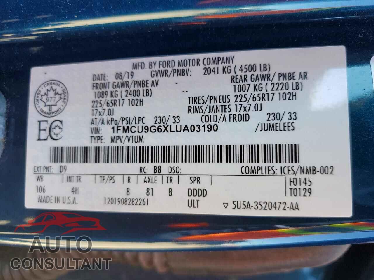 FORD ESCAPE 2020 - 1FMCU9G6XLUA03190