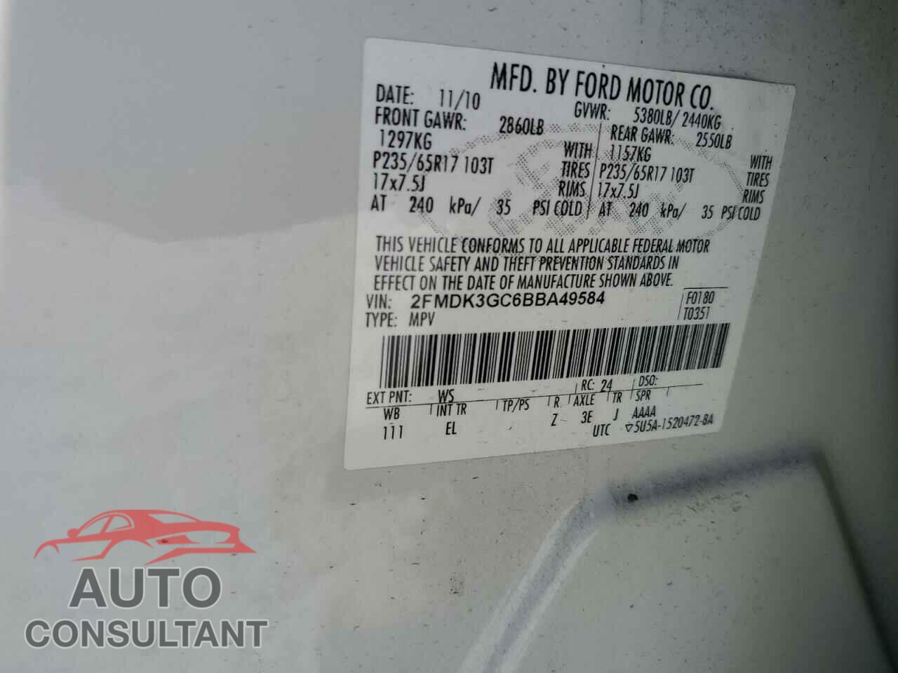 FORD EDGE 2011 - 2FMDK3GC6BBA49584