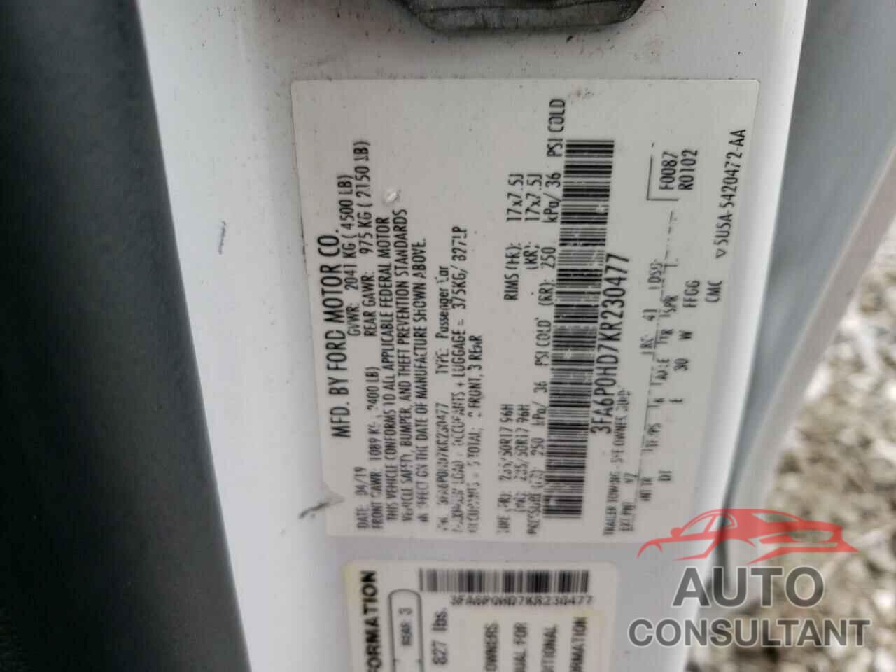 FORD FUSION 2019 - 3FA6P0HD7KR230477