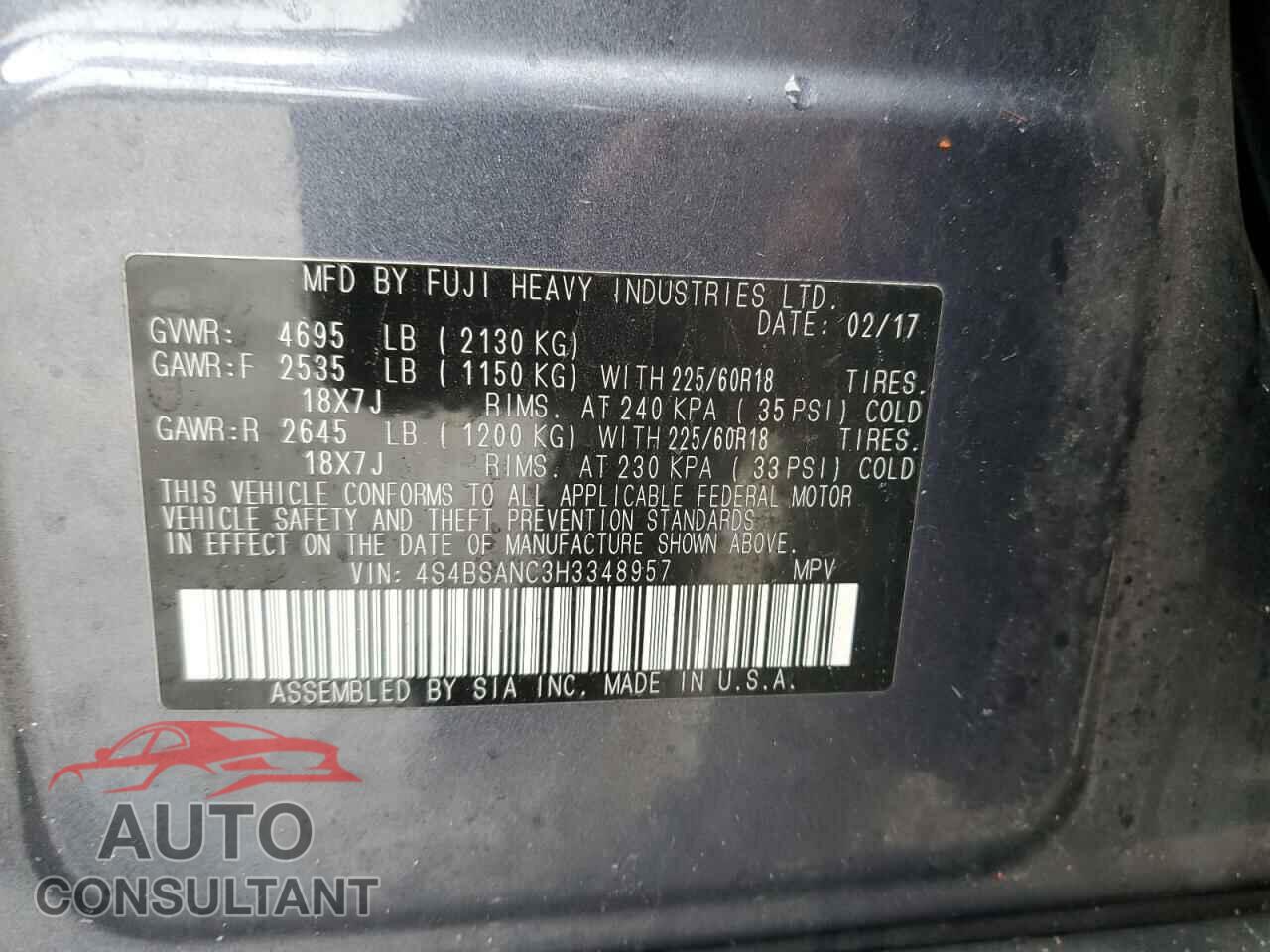 SUBARU OUTBACK 2017 - 4S4BSANC3H3348957