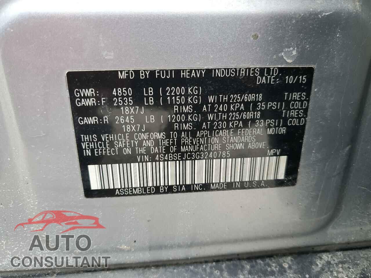 SUBARU OUTBACK 2016 - 4S4BSEJC3G3240785