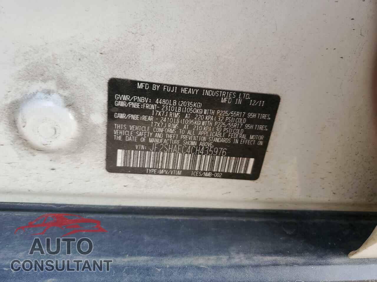 SUBARU FORESTER 2012 - JF2SHAEC4CH435976