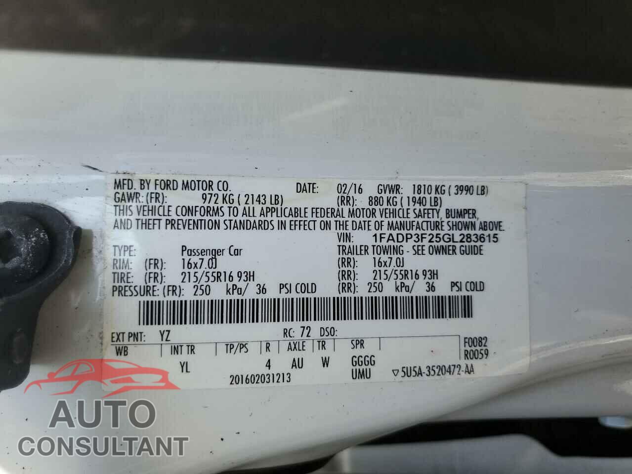 FORD FOCUS 2016 - 1FADP3F25GL283615