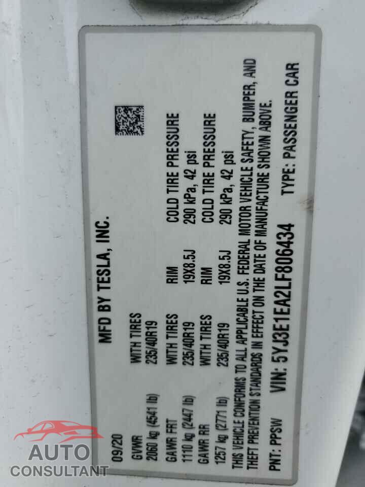 TESLA MODEL 3 2020 - 5YJ3E1EA2LF806434