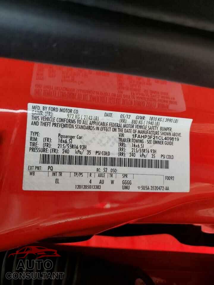 FORD FOCUS 2012 - 1FAHP3F21CL409819