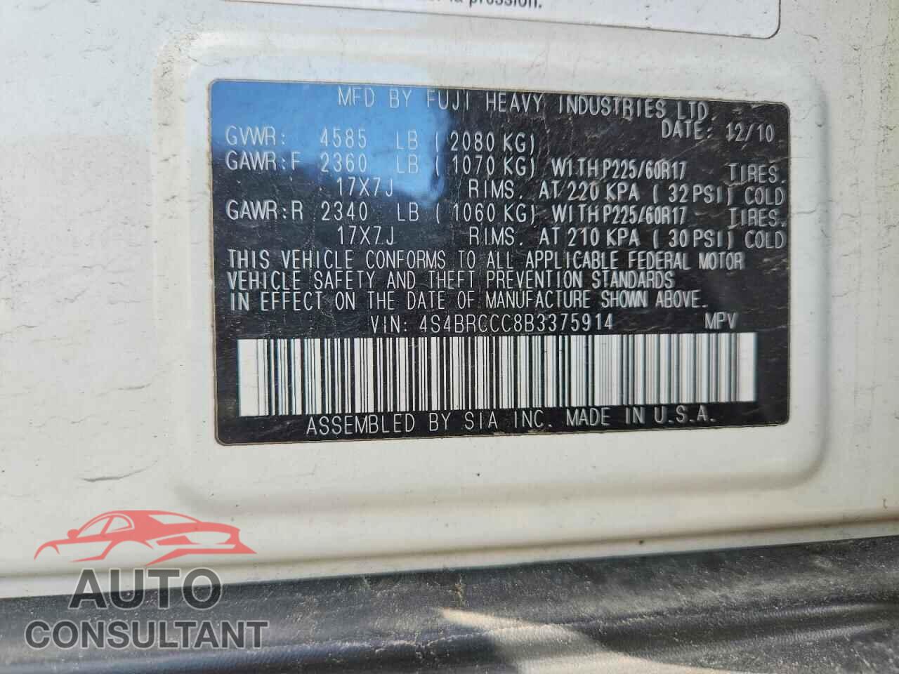SUBARU OUTBACK 2011 - 4S4BRCCC8B3375914